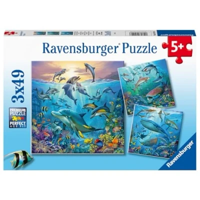 Image of Ravensburger 05149 Ocean Wildlife Tierwelt Animal World 3 x 49 Pieces Puzzle for Children from 5 Years, Yellow