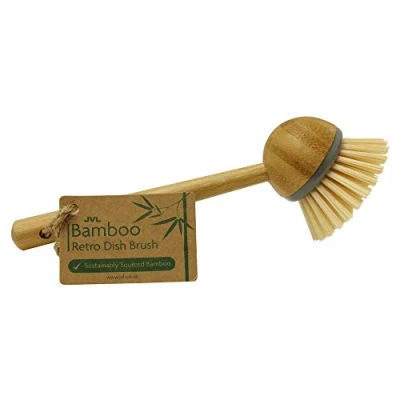Image of JVL 20 301 Round Bamboo Long Handle Washing Up Dish Brush, Natural