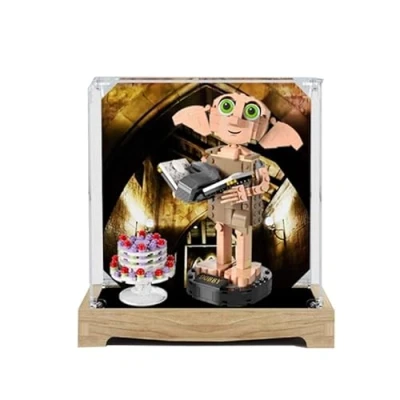 Image of HCAEIOFJ Clear Acrylic Display Case for Lego HP 76421 Applicable Dobby the House Elf Designed Box Gift(Display Only) (Wood Bottom+Background)
