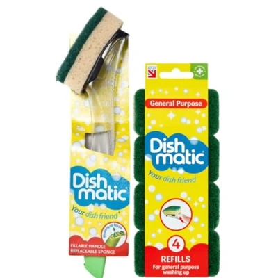 Image of Fillable Washing up Brush and Sponge Bundle Easy Grip Dish Cleaner with 4X General Purpose Refills