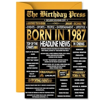 Image of Gold 38th Birthday Card for Men Women Black &amp; Golden Newspaper Born in 1987 Happy 38 Cards Cousin Son Brother Husband Auntie Wife, A5 Bday Greeting
