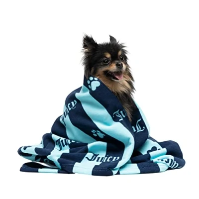Image of Juicy Couture Dog Towel Navy Blue / Turquoise Heart Paw Stripes 100% Microfiber Drying with Striped Print, Absorbent Quick Dry Machine Washable Towels for Dogs &amp; Cats