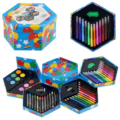 Image of MTS Childrens 52 Pcs Craft Art Artists Set Hexagonal Box Crayons Paints Pens Pencils