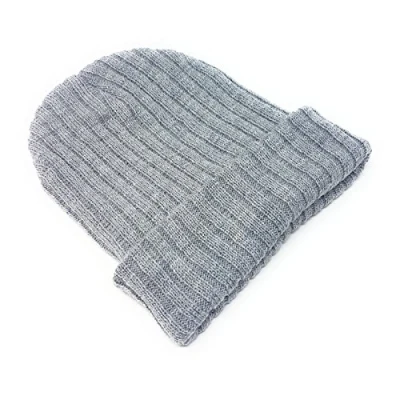 Image of Ribbed Beanie Hat Mens Ladies Womens Unisex Slouch Winter Woolly Turn Up Knitted (Light Grey)