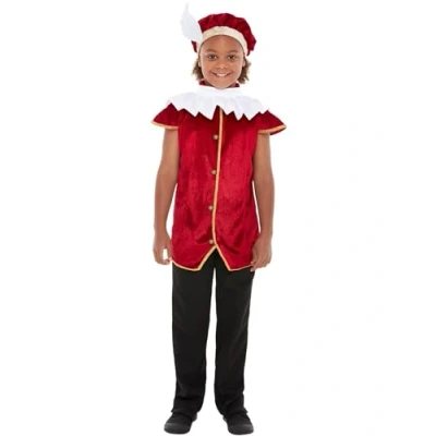 Image of Smiffys Tudor Kit, Red with Hat, Waistcoat &amp; Neck Ruffle, Boys Fancy Dress, Child Dress Up Accessories