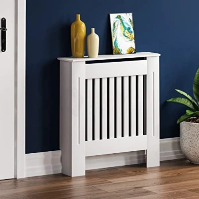 Image of Vida Designs Chelsea Radiator Cover Modern Slatted Grill Slats White Painted MDF Cabinet, Small, (H: 82 / W: 78 D: 19 cm) H30523