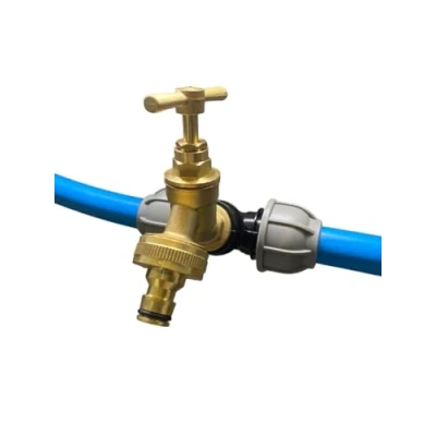 Image of Mdpe Water Supply Pipe tee with Solid Brass bib tap Outlet,fits 20mm,25mm and 32mm Pipe,Barb of Quick Hose Connector Options (25mm tee+tap+Click)