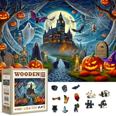 Image of WOODEN.CITY Wooden Jigsaw Puzzles for Adults Challenging 1000 Piece Halloween Puzzle, Unique Adults, Puzzle Enthusiasts (Ghostly Pumpkin Night)
