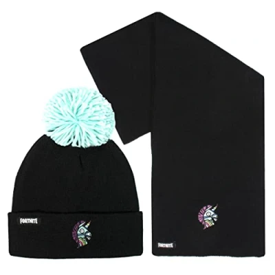 Image of FORTNITE Children&#039;s Hat &amp; Scarf Set Black Woolly Gloves Llama Design One Size Fits 12 16 Years Official Merchandise