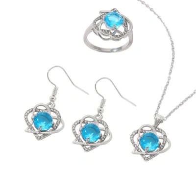 Image of KONFEN Women&#039;s Jewellery Sets, Heart Shaped Pendant Necklace Ring and Earrings Set with Cubic Zirconia Rhinestone for Women, Necklaces Adjustable Length Gifts Girls, Blue