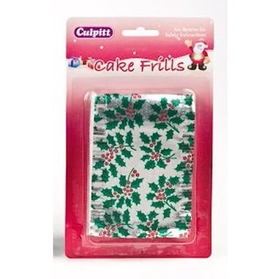 Image of Culpitt Metallic Christmas Cake Frill, Silver, Holly and Star Traditional Festive Foil Decoration, 91cm Single