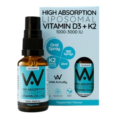 Image of WELL ACTUALLY Liposomal Vitamin D3 + K2 Spray High Bioavailability Absorption Vegan 2000 IU &amp; 7 100mcg as Menaquinone MK Peppermint (180 Sprays)