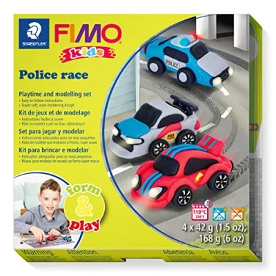 Image of STAEDTLER 8034 29 LZ FIMO Kids Form&amp;Play Playtime &amp; Modelling Polymer Clay Set &quot;Police Race&quot; (Pack of 4 Blocks, Stickers, Tools Background Scene)