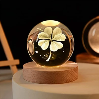 Image of Besot 60mm 3D Laser Earth Four Leaf Clover Engraved Rose Crystal Ball Miniature Flower Globe Glass Sphere Home Decoration Valentine&#039;s Day Gift Ornament (80mm Clover)