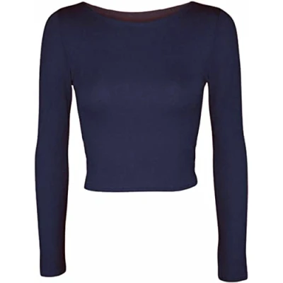 Image of Womens Crop Long Sleeve T Shirt Ladies Short Plain Round Neck Top Fitness Workout Running Shirts Cropped Tops (Navy UK 12 14)