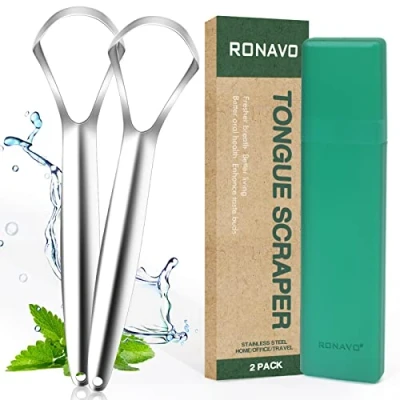 Image of RONAVO Tongue Scraper for Adults, 2 Pack Scrapers Oral Hygiene and Fresh Breath, Stainless Steel Cleaner with Case, Dentist Approved, Easy to Use Clean