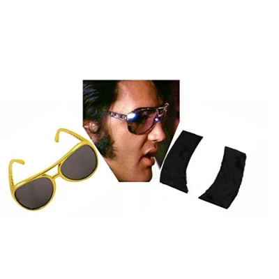 Image of MFD 1970s Elvis Gold Sunglasses &amp; Black Sideburns Lamb Chops Fancy Dress Accessories