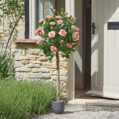 Image of Garden Mile Artificial Plants Indoor And Outdoor Large Plant Rose Tree, Faux Fake Home Décor Office Decorative In Grey Pot (120cm Perfect Pink)