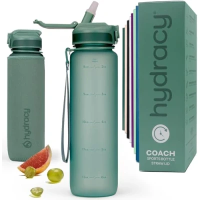 Image of Hydracy Water Bottle with Times to Drink &amp; Straw Large 1 Litre BPA Free Motivational No Sweat Sleeve Leak Proof Gym Time Marker Ideal for Fitness, Sports Outdoors