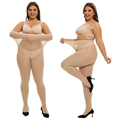 Image of MANZI Women&#039;s 2 Pairs Plus Size Control Top Ultra Soft Tights(Nude,XXXL)