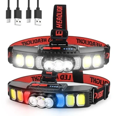 Image of Headlamp 2 Pack LED Rechargeable head torch with 6 Modes, Red Light 18000 High Lumen headlight, Bright Lamp IPX5 Waterproof USB torches for Outdoor Fishing, Hiking, Camping, Running