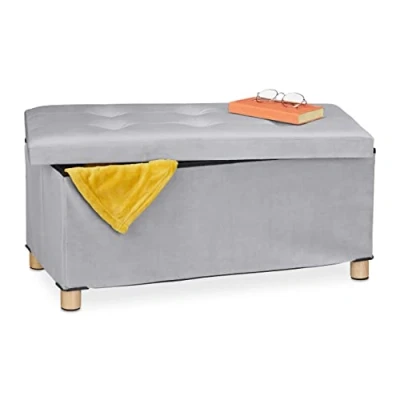 Image of Relaxdays Storage Bench, Velvet Cover, Wooden Feet, H x W D: approx. 34 76 38 cm, Light Grey, Fibreboard