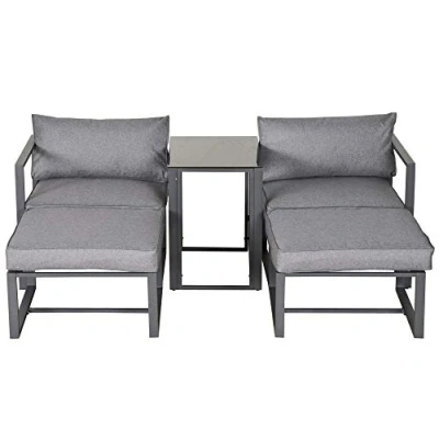 Image of Outsunny 5 Piece Garden Aluminium Conversation Sofa Set Patio Furniture Outdoor 2 Sofas Footstools End Table with Cushions