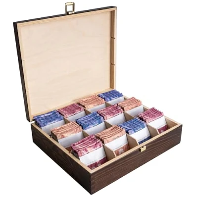 Image of Creative Deco Brown Wooden Tea Box Storage with Lid 12 Compartments 29x25x7.5cm Natural Wood Luxury Compartment Organiser Keepsake Caddy Chest for Chocolate &amp; Coffee Gift Christmas Xmas