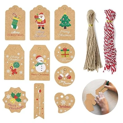 Image of WUBAYI 100 Pcs Gift Tags Kraft Paper with String for Christmas Tags,Xmas Tags,Gift Labels, DIY Tag (Christmas)