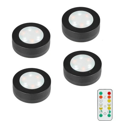 Image of MOUJUCHI Under Cabinet Kitchen Lights, 4 Pack Wardrobe Lights Battery Operated Wall with Remote Control Brightness Dimmable for Closet Stairs Drawer Counter