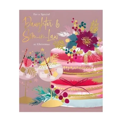 Image of Daughter &amp; Son in Law Christmas Card Floral Cake and Cocktails Artistic Festive Design Special Finishes Made the UK Eco Friendly
