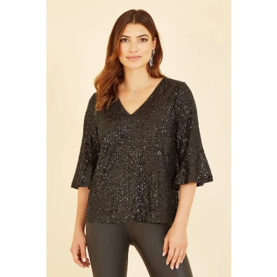 Image of Yumi Black Sequin Top with Fluted Sleeve 10