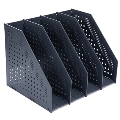 Image of FRETONBA Magazine Rack Folding Bookshelf, File Holder Vertical with 4 Compartments, Book for Office Storage and Organiser, Desktop Bookshelf School, Library, Office, Dark Grey