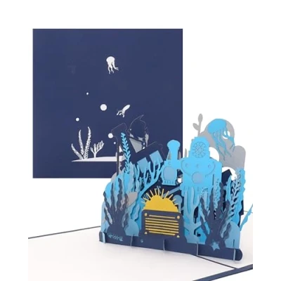 Image of 3D Pop Up Card &quot;Diver &amp; Underwater World&quot; Great Birthday and Travel Voucher, Invitation for Children&#039;s Birthday, Gift Voucher Swimming, Swapping Snorkelling