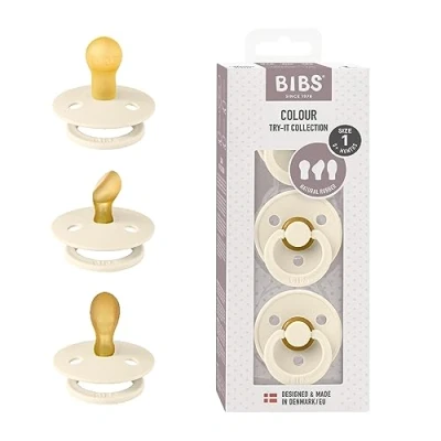 Image of BIBS Colour Try It Collection: 3 Soothers for Your Baby&#039;s Unique Needs, Round, Symmetrical and Orthodontic Nipple. Natural Rubber Latex, 0+ Months (Pack of 3), Ivory