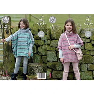 Image of King Cole Girls Chunky Knitting Pattern Easy Knit Polo Neck or Round Ponchos (4602) by