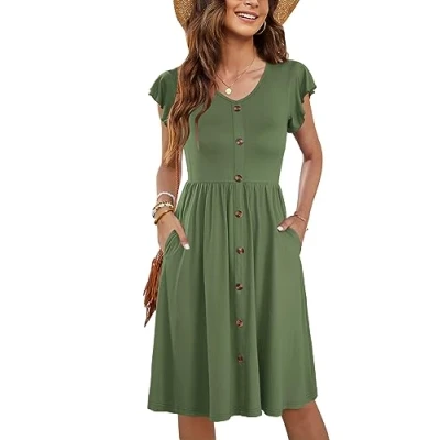Image of MOLERANI Women Summer Dresses Ruffle Sleeve V Neck Casual Swing Elastic Waist Midi Dress with Pockets Deep Army Green L