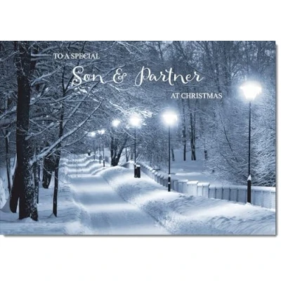 Image of doodlecards Son and Partner Christmas Card Snowy Street Scene Large A4 Size for &amp; with Plain Envelope