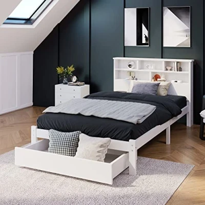 Image of Merax Single Bed Frames with Headboard Bookshelves, 5 Storage Compartments, Wooden Frame Underbed Drawer, 3FT Storage, White, 90x190cm