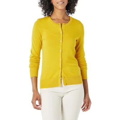 Image of Amazon Essentials Women&#039;s Lightweight Crewneck Cardigan Jumper (Available in Plus Size), Dark Yellow, S