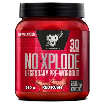 Image of BSN Nutrition N.O. Xplode Pre Workout Powder Food Supplement, Energy and Focus Booster with Caffeine, Amino Acids, Vitamin C Zinc, Red Rush Flavour, 30 Servings, 390 g