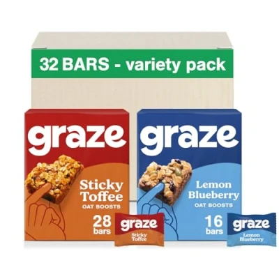 Image of Graze Lemon Blueberry &amp; Stikcy Toffee Oat Boost bars snacks Made With Whole Oats and Natural Flavours 8x4 snack Total of 32