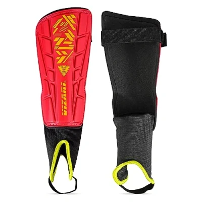 Image of Vizari Malaga Football Shin Pads Adults &amp; Kids With Superior Ankle Support Non Slip Adjustable Straps For Men and Women, Red/Yellow, Large