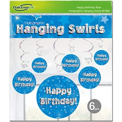 Image of OakTree Happy Birthday Blue Holographic Hanging Swirls 6pcs