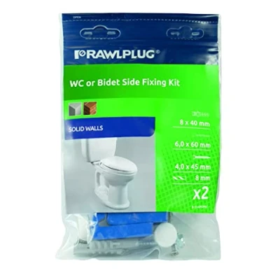Image of Rawlplug Side Toilet Fixing Kit Easy and Fast WC or Bidet Set Fix Back to Wall with White Caps Tanks Screws, Plugs, Bushes Accessories, Silver (R S1 KPUPBS)