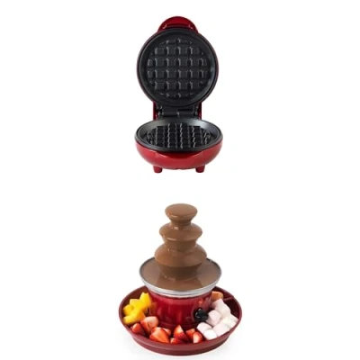 Image of Giles &amp; Posner Chocolate Fountain Waffle Maker 3 Tier Cascading Fondue Set, Mini Non Stick Iron, 11.5cm Plates, Party Dip Share, Easy Clean, Savoury Sweet Treats