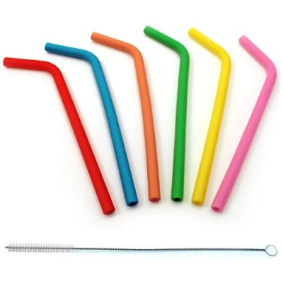 Image of igadgitz home Reusable 100% Food Grade BPA Free Soft Silicone Travel Drinking Straws with Metal Cleaning Brush Set of 6 (Red, Orange, Yellow, Pink, Green, Blue)