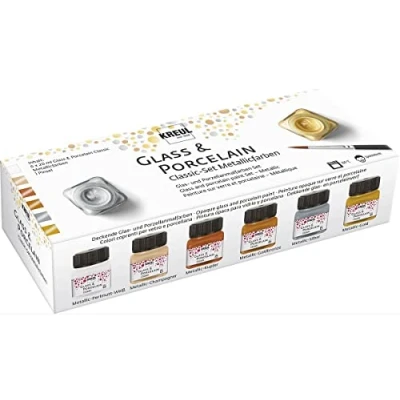 Image of Kreul 16603 Glass &amp; Porcelain Set, Classic Metallic Paints, 6 x 20 ml Paint and a Brush, Brilliant, Opaque Water Based