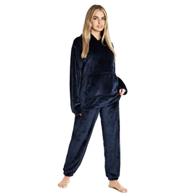 Image of CityComfort Womens Pyjamas, Hooded Fleece Pyjamas Women and Teens, Fluffy Loungewear Set, Cosy PJs (Navy, XL)