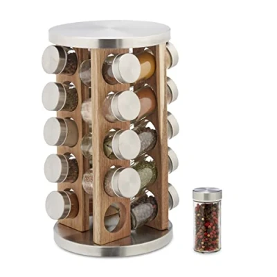 Image of Relaxdays Spice Rack, 20 Glass Jars, Rotatable, Stainless Steel, H x D: Approx. 34 19.5 cm, Silver/Natural